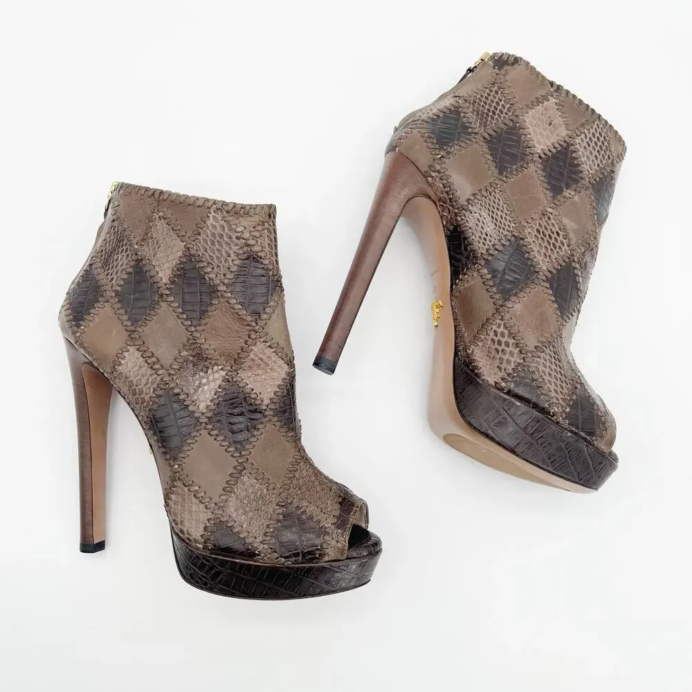 Prada Taupe Brown Mixed Croc Snakeskin Embossed Patchwork Peep Toe Booties IT 38